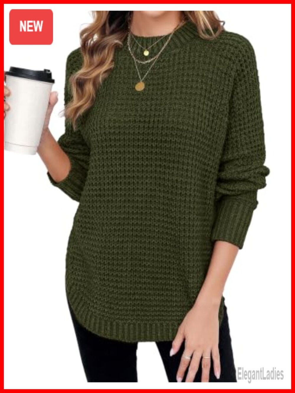 Waffle Knit Crewneck Pullover Sweater Chunky Acrylic Long Sleeve